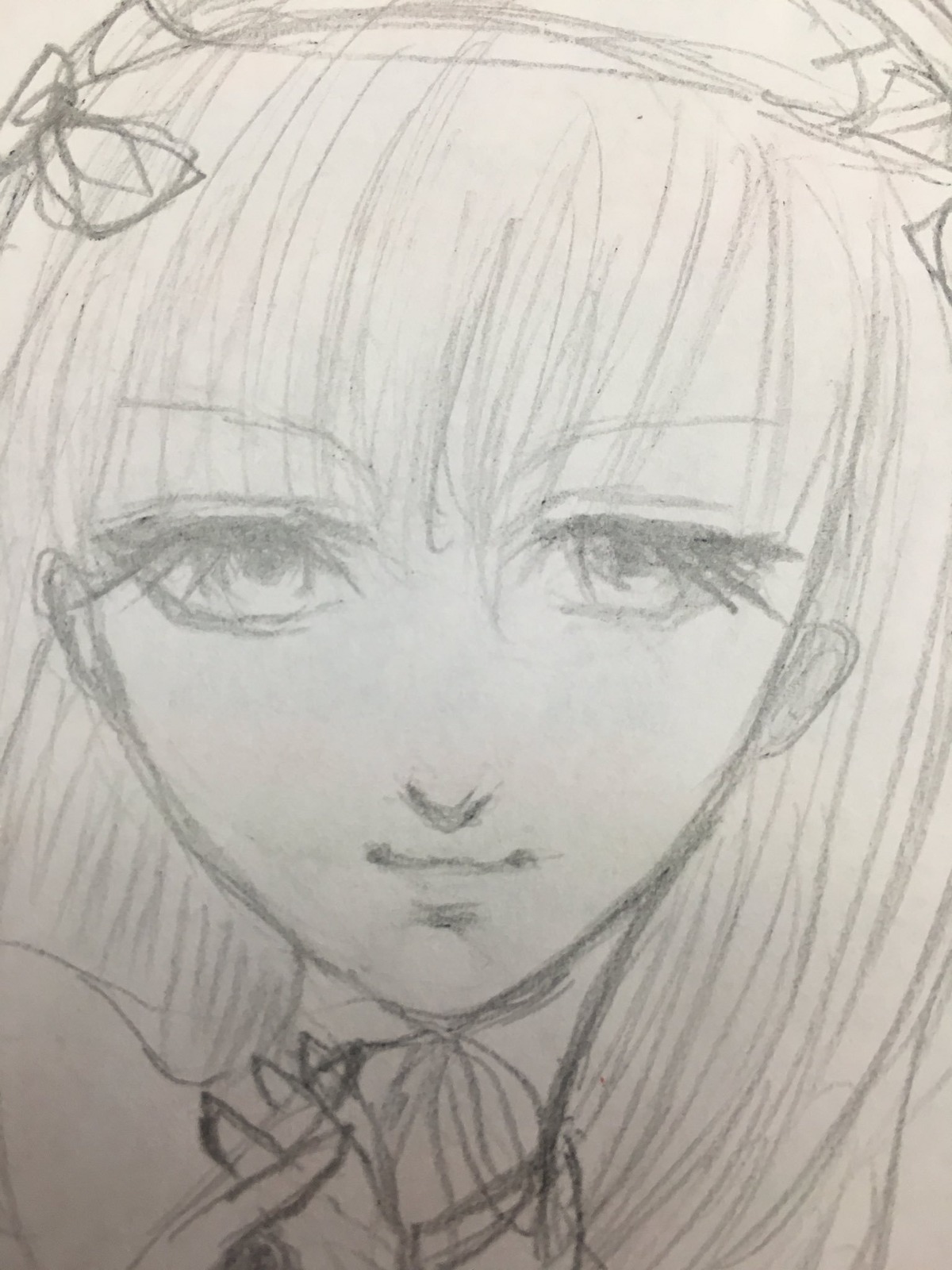 1girl bangs close-up closed_mouth face greyscale hair_ornament hair_ribbon image lips monochrome ribbon sketch solo suigintou traditional_media