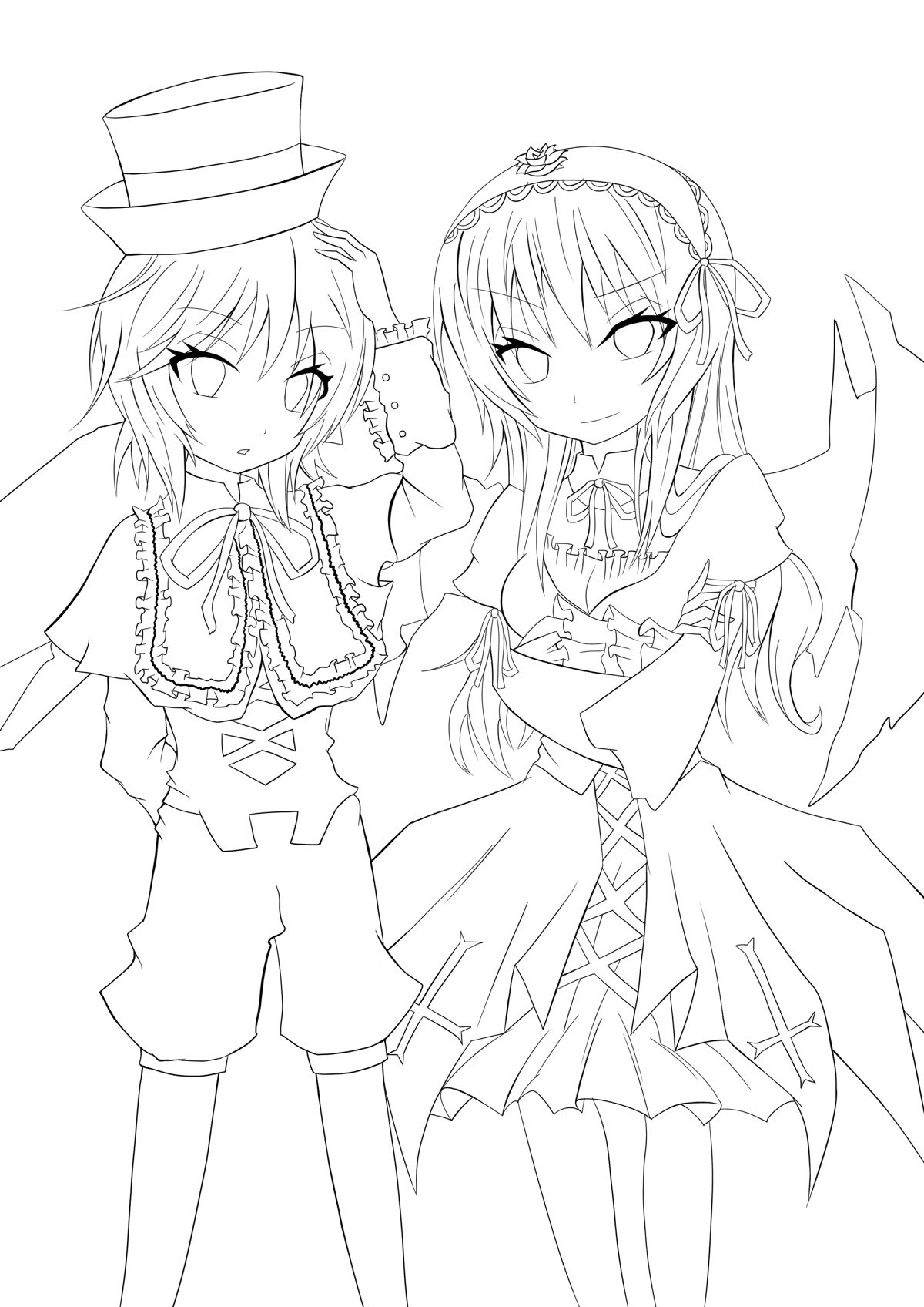 2girls capelet dress greyscale hat image long_hair long_sleeves looking_at_viewer monochrome multiple_girls pair ribbon short_hair smile souseiseki suigintou top_hat
