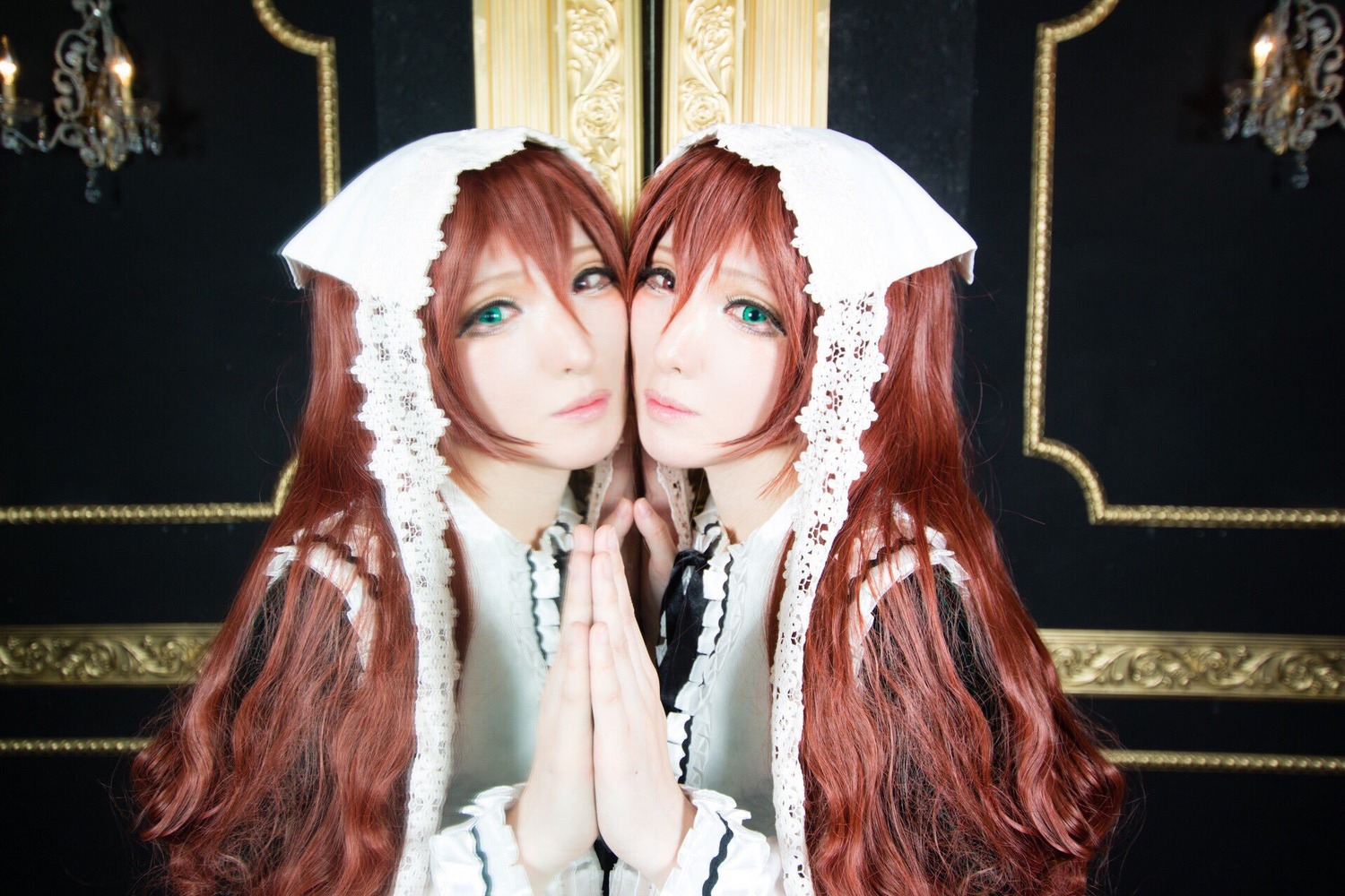 2girls brown_hair green_eyes head_scarf lips long_hair looking_at_viewer multiple_girls siblings sisters solo suiseiseki twins