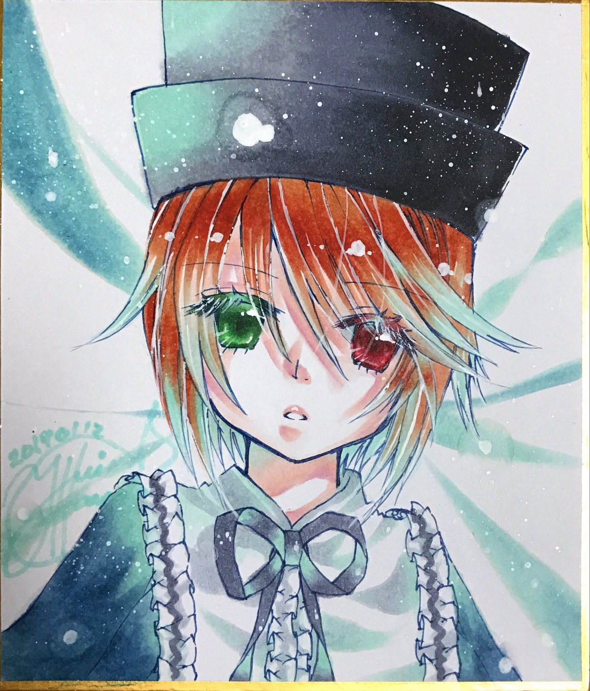 1girl black_neckwear black_ribbon eyebrows_visible_through_hair frills green_eyes hat heterochromia image looking_at_viewer parted_lips red_eyes ribbon short_hair solo souseiseki traditional_media watercolor_(medium) yumeki_kokoro