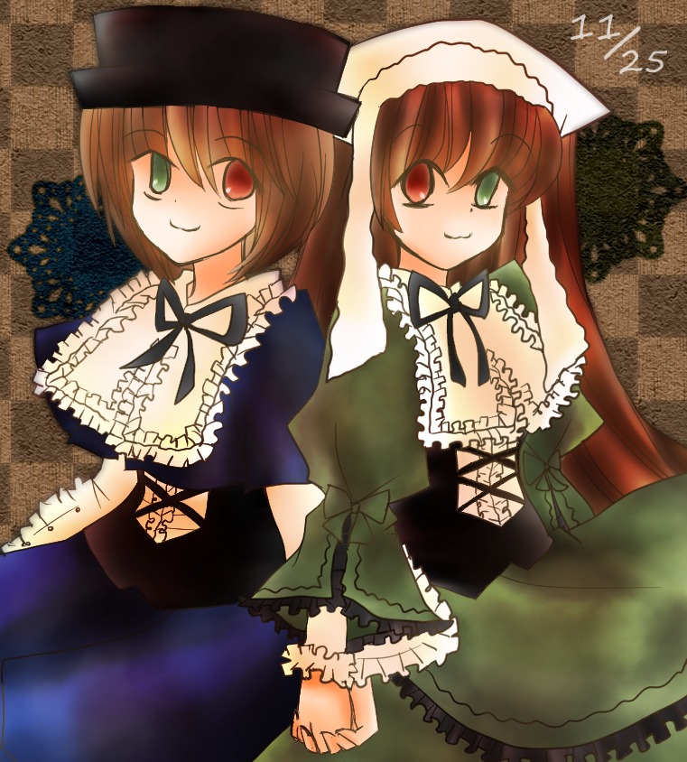 2girls brown_hair dress frills green_dress hat head_scarf heterochromia holding_hands image long_hair long_sleeves looking_at_viewer multiple_girls pair red_eyes short_hair siblings sisters smile souseiseki suiseiseki twins very_long_hair