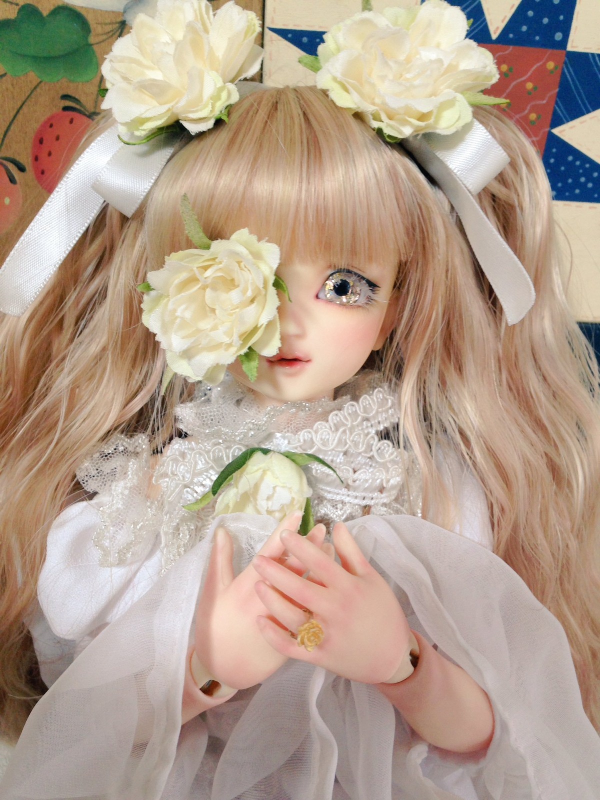 1girl bandaid bangs blonde_hair doll flower food fruit hair_flower kirakishou lips long_hair parted_lips red_lips solo traditional_media upper_body watch white_flower white_rose