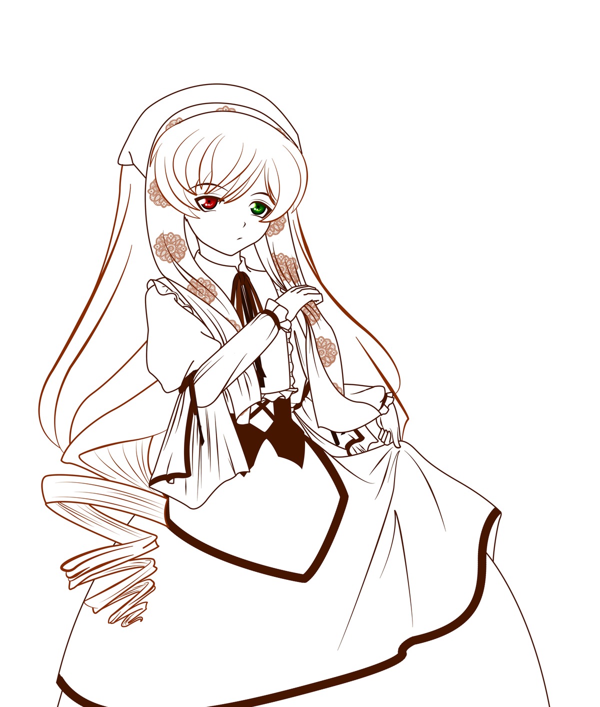 1girl dress flower frills green_eyes hat heterochromia image long_hair long_sleeves looking_at_viewer monochrome red_eyes rose shinku simple_background solo suiseiseki twintails very_long_hair