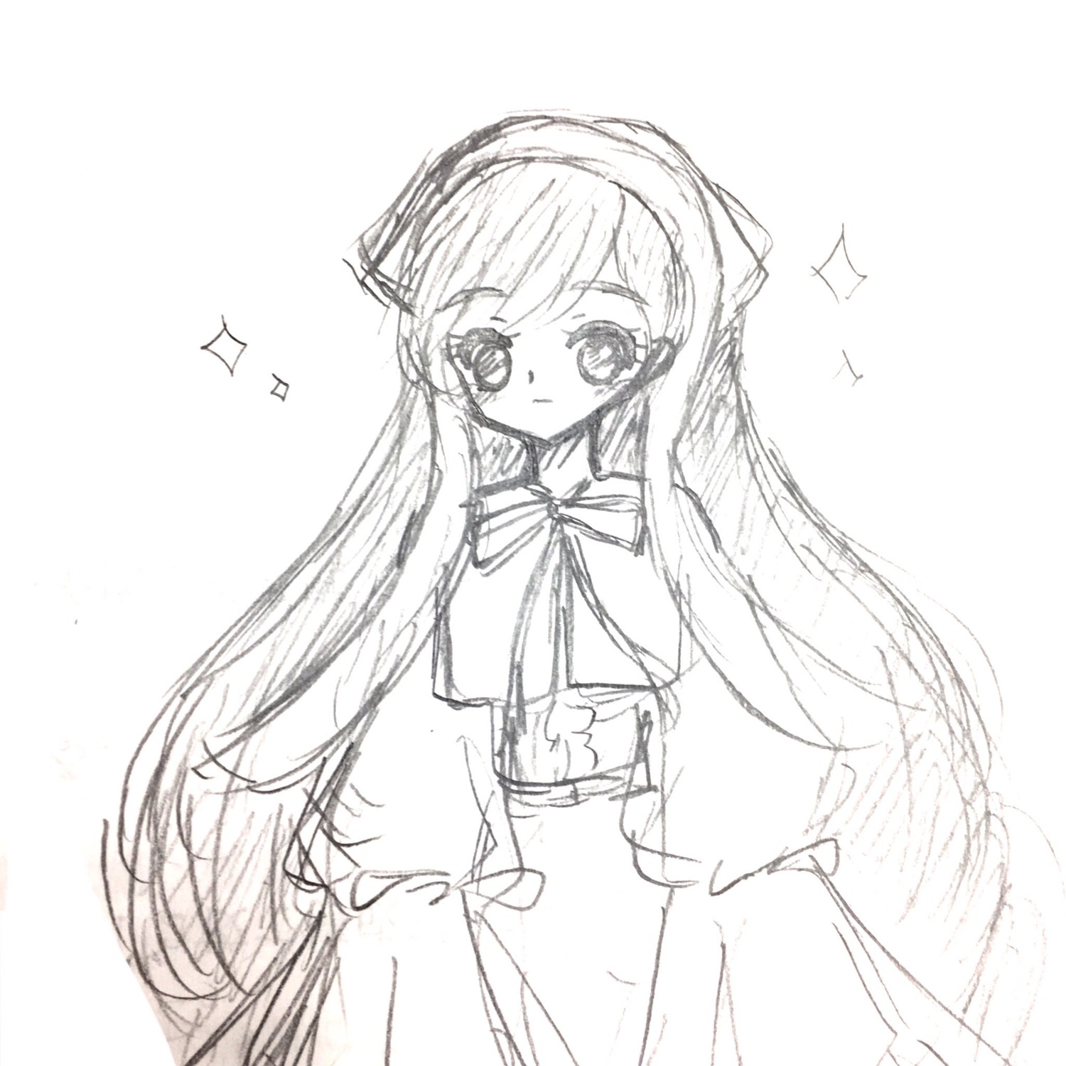 1girl bow dress hairband image long_hair long_sleeves looking_at_viewer monochrome ribbon simple_background sketch solo sparkle sparkle_background striped suiseiseki very_long_hair white_background