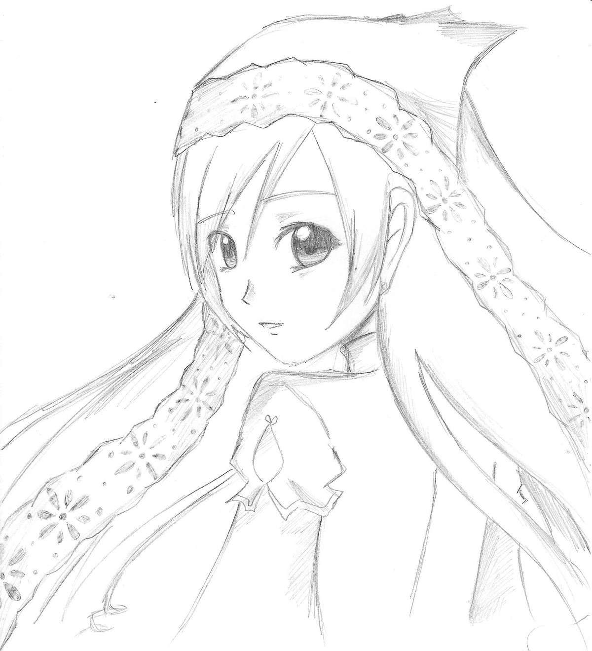 1girl greyscale image long_hair looking_at_viewer looking_back monochrome sketch solo suiseiseki towel upper_body veil