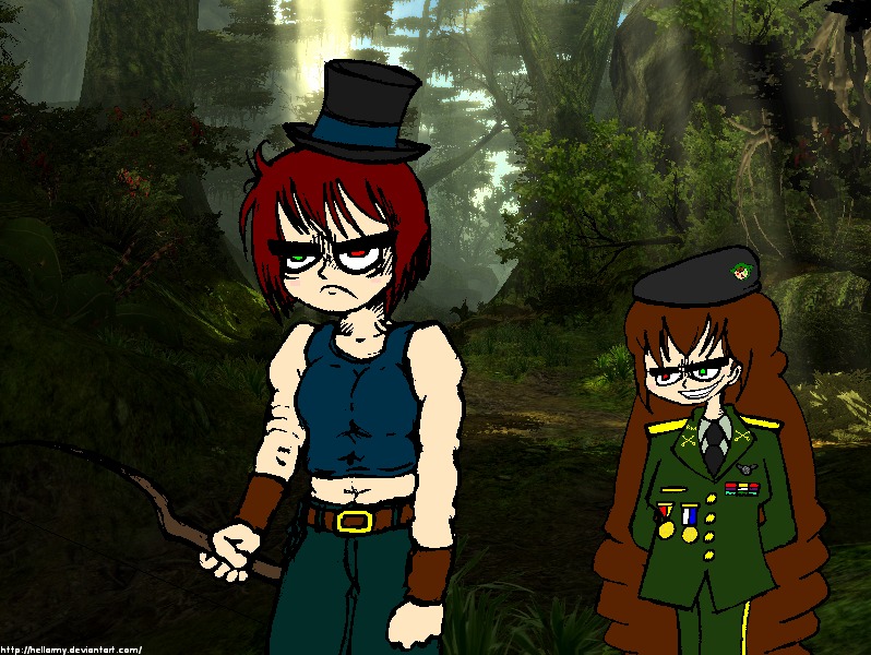 2girls belt brown_hair green_eyes hat heterochromia image multiple_girls pair pants red_eyes red_hair short_hair siblings sisters souseiseki suiseiseki top_hat uniform