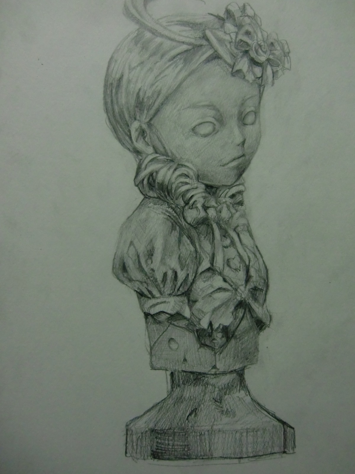 1girl auto_tagged closed_mouth drill_hair flower graphite_(medium) greyscale hair_flower hair_ornament image kanaria long_sleeves looking_at_viewer monochrome photo puffy_sleeves rose solo traditional_media