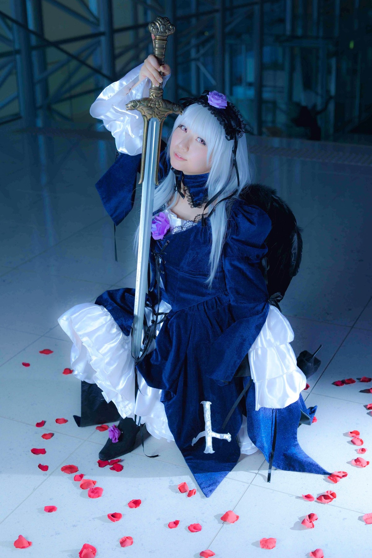 1girl bangs dress flower long_hair petals sitting solo suigintou sword tile_floor weapon