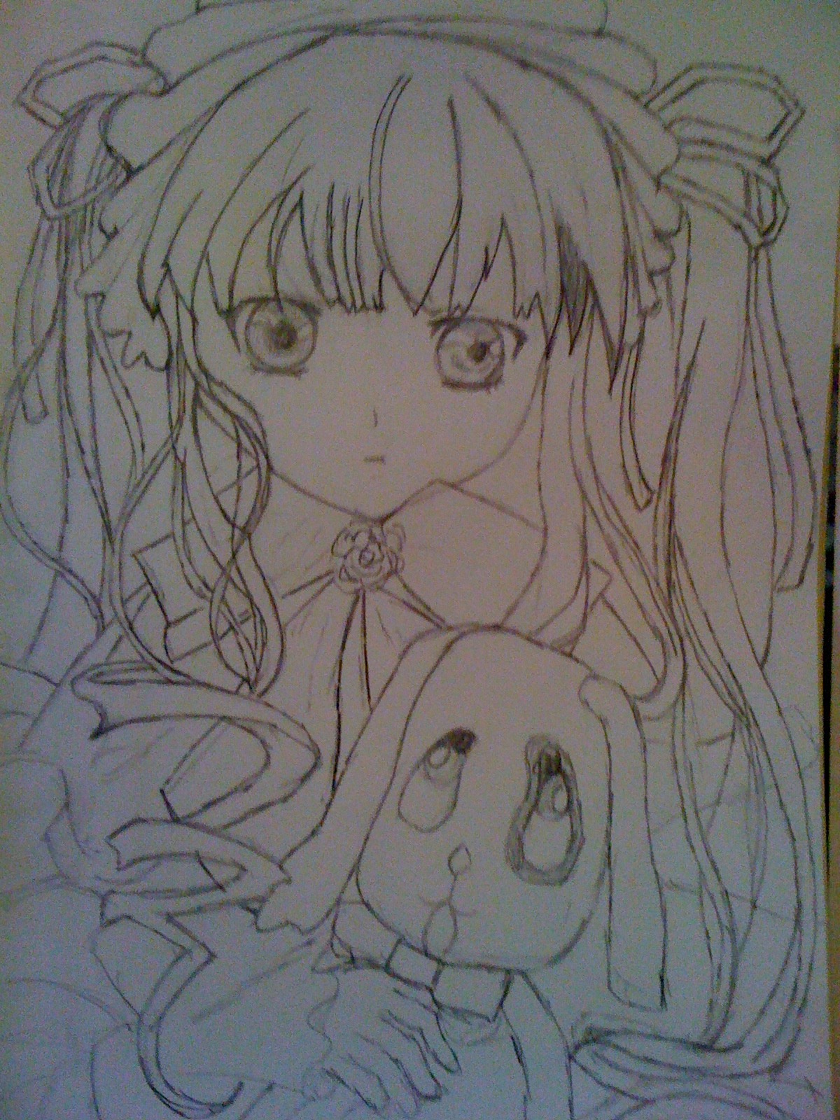 1girl bangs doll frown image long_hair looking_at_viewer monochrome shinku simple_background solo stuffed_animal traditional_media upper_body white_background
