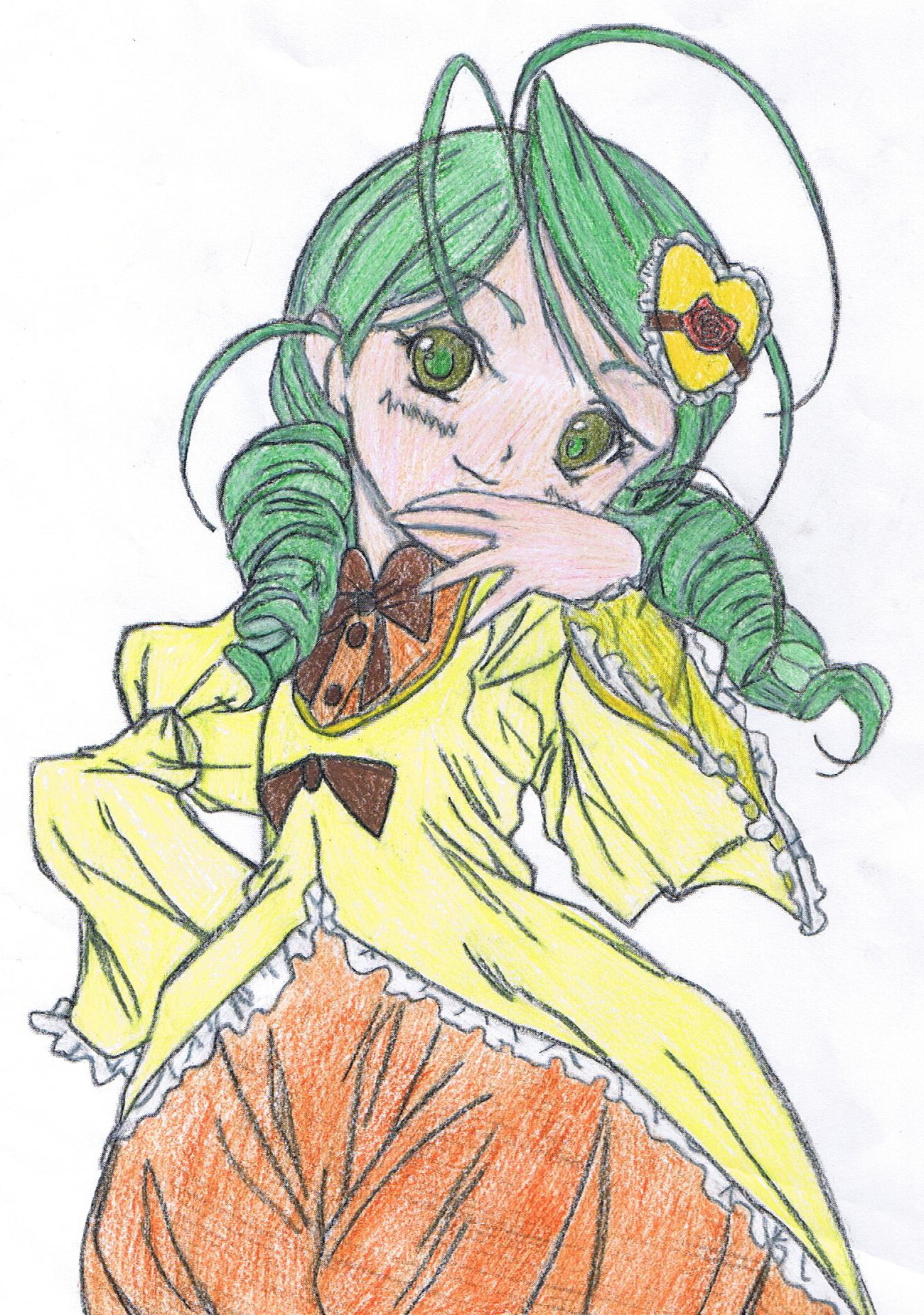 1girl antenna_hair bow bowtie dress drill_hair frills green_eyes green_hair hair_ornament hand_to_own_mouth image kanaria long_sleeves solo traditional_media white_background