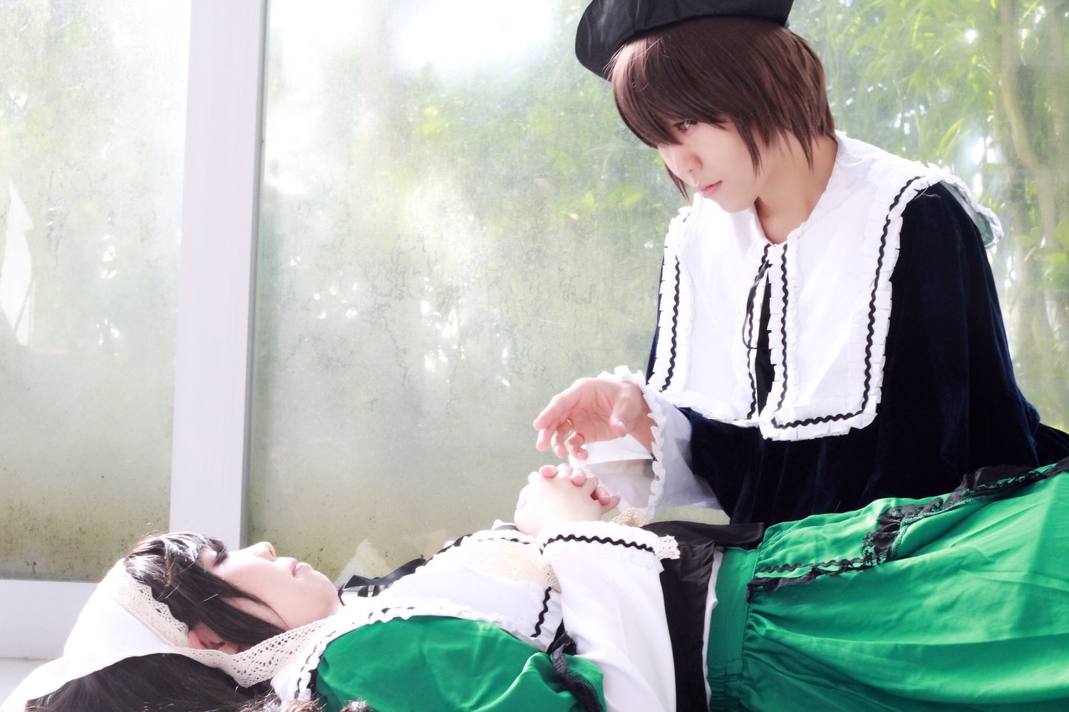 2girls brown_hair dress green_dress hat long_sleeves looking_at_another multiple_girls outdoors profile short_hair