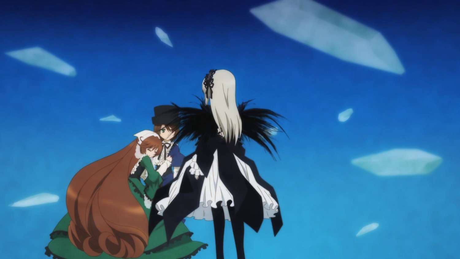 3girls brown_hair dress green_dress hat holding_hands image long_hair long_sleeves multiple multiple_girls sky suigintou suiseiseki tagme very_long_hair
