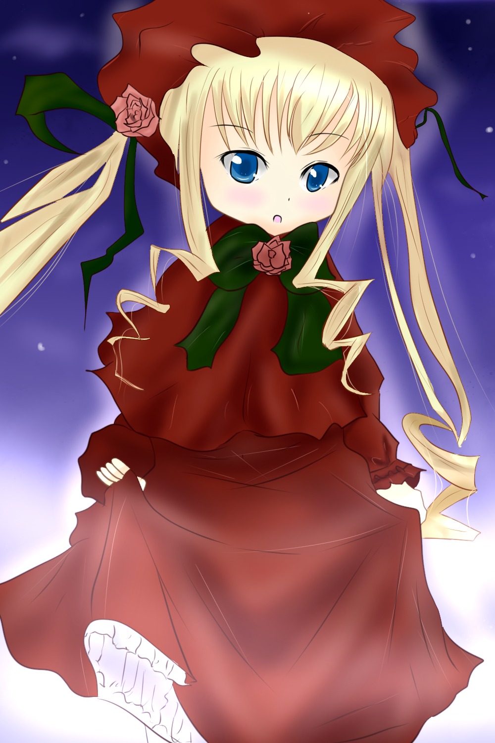 1girl :o blonde_hair blue_eyes blush bonnet bow bowtie dress drill_hair flower green_bow image long_hair long_sleeves pink_rose red_dress rose shinku sidelocks solo twintails