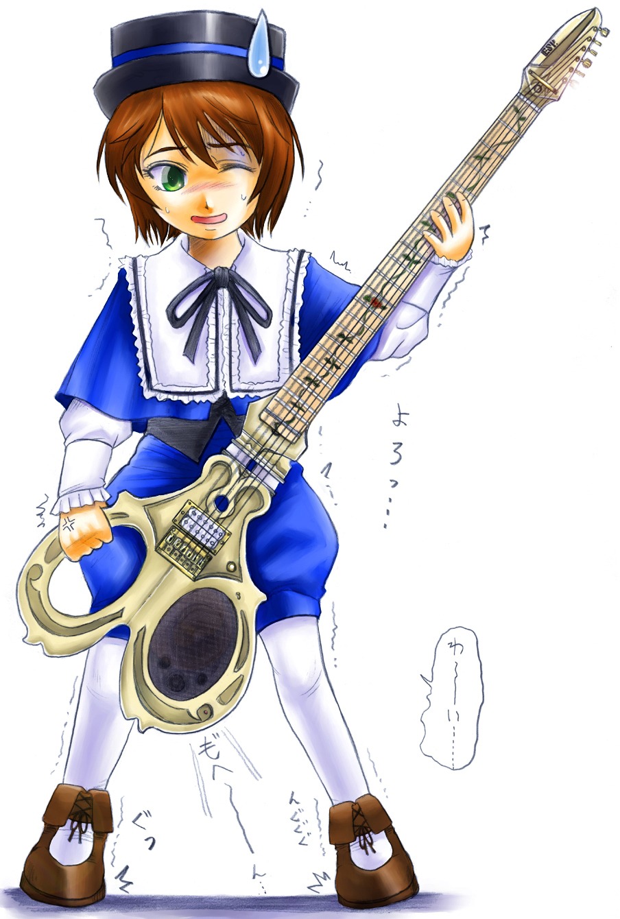 1girl acoustic_guitar amplifier_(instrument) bass_guitar brown_hair dress electric_guitar green_eyes guitar hat holding_instrument image instrument music musical_note pantyhose playing_instrument plectrum short_hair solo souseiseki trembling