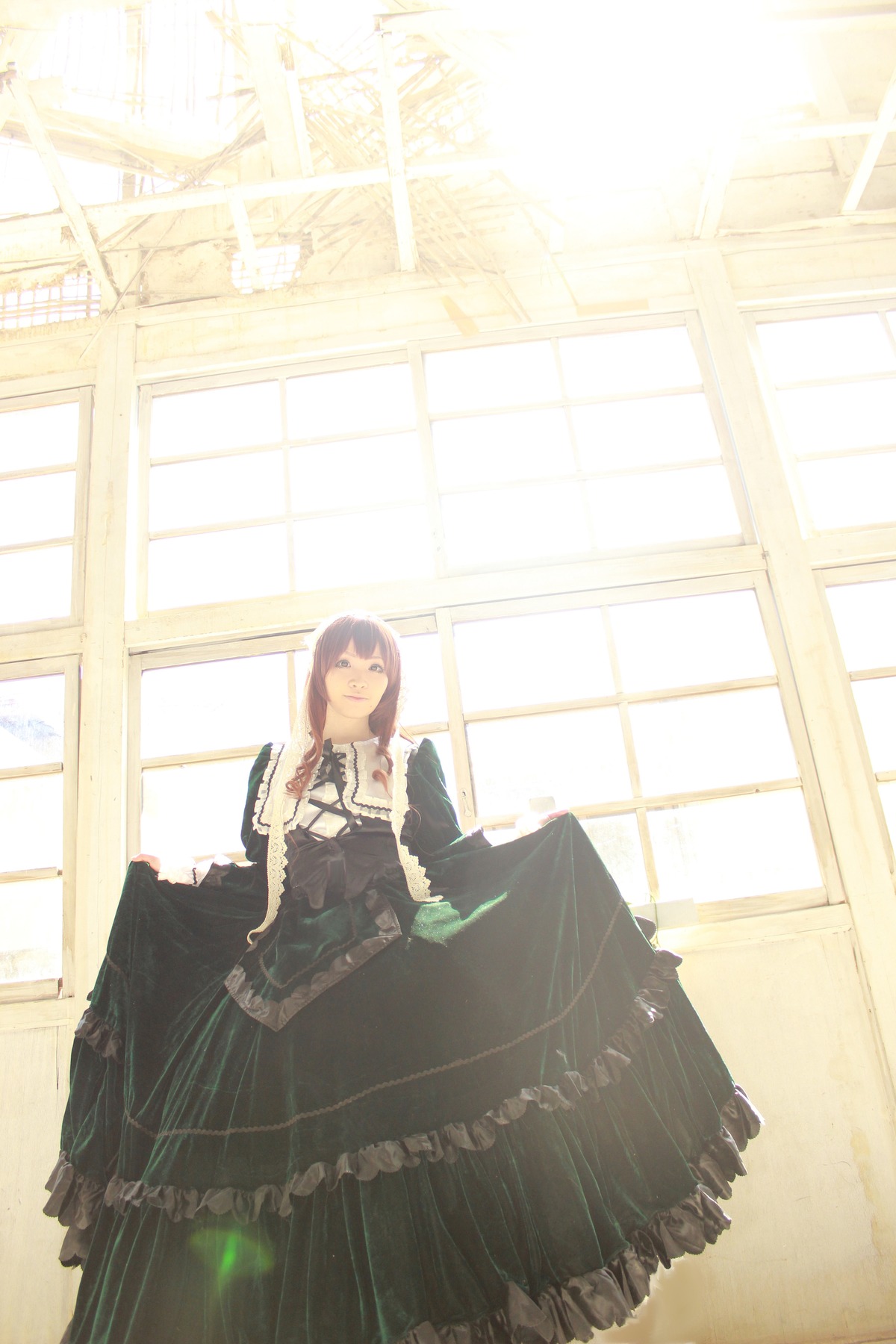 1girl black_dress closed_eyes dress frills long_hair long_sleeves sitting solo suiseiseki window