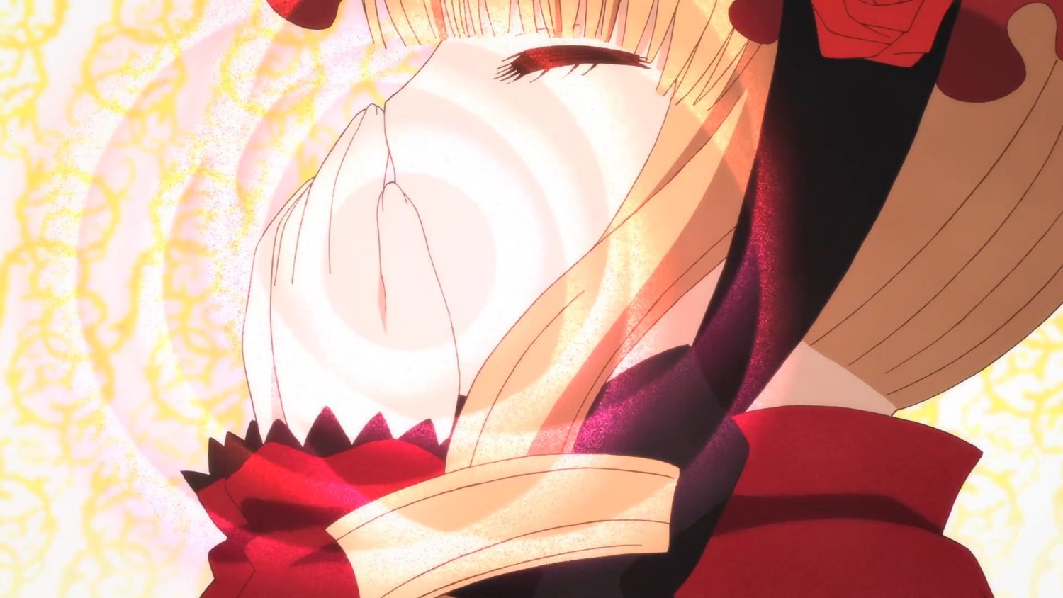 1girl bangs blonde_hair blush bow closed_eyes face flower hat hat_flower image portrait profile red_flower red_rose ribbon rose shinku solo