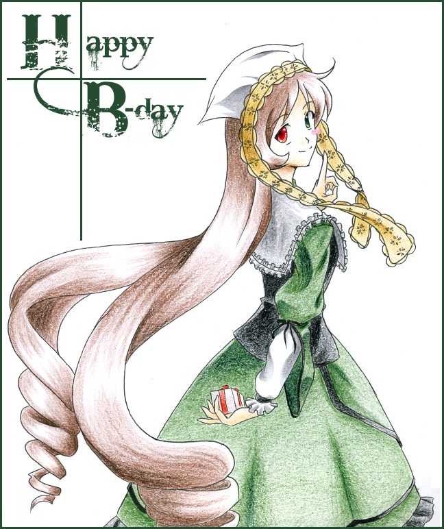 1girl brown_hair dress drill_hair frills green_dress green_eyes head_scarf heterochromia image long_hair long_sleeves looking_at_viewer looking_back red_eyes smile solo suiseiseki twin_drills very_long_hair
