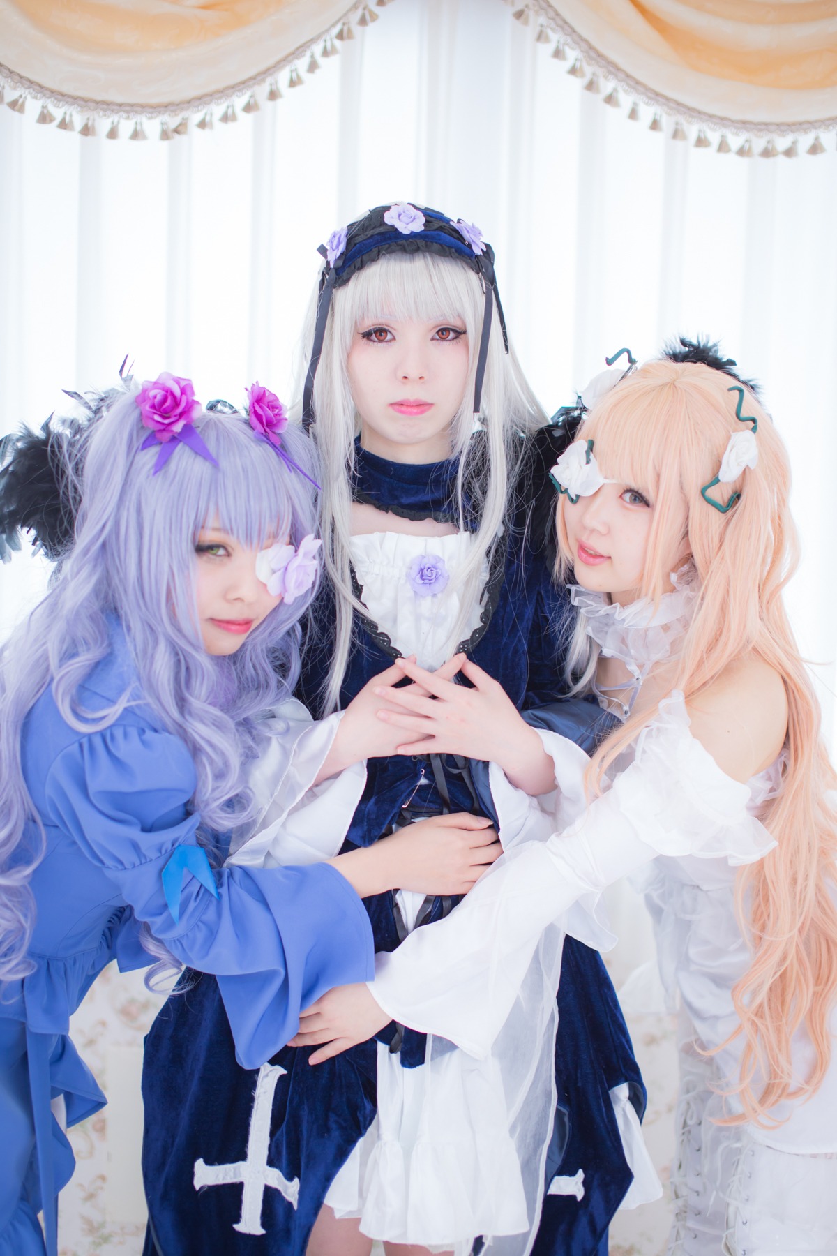 3girls 91076 bangs blonde_hair blue_dress blunt_bangs dress flower frills hair_ornament lips long_hair long_sleeves looking_at_viewer multiple_cosplay multiple_girls tagme