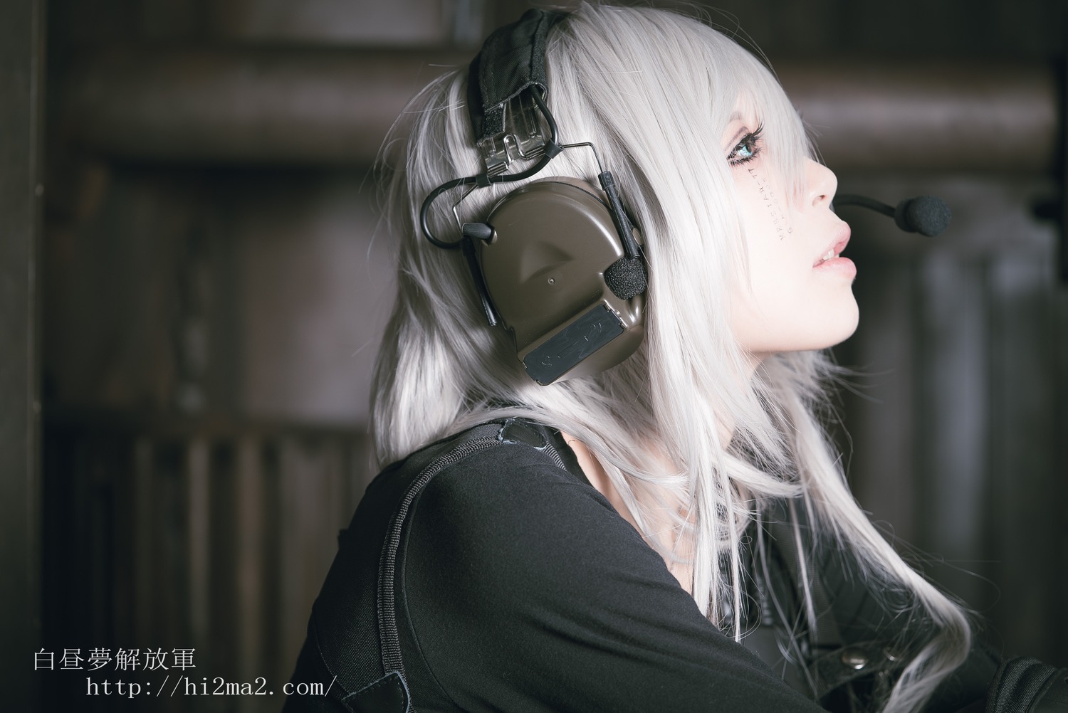 1girl artist_name bangs blurry blurry_background depth_of_field headphones headset lips long_hair profile sailor_collar school_uniform serafuku solo suigintou watermark web_address white_hair