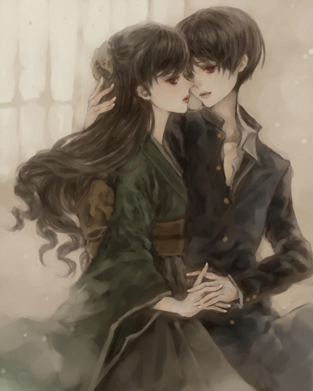 1boy 1girl 2girls androgynous black_hair bow brown_hair commentary_request couple hair_bow heterochromia highres holding_hands image imminent_kiss interlocked_fingers japanese_clothes kimono long_hair multiple_girls obi pair red_eyes reverse_trap rozen_maiden sash short_hair siblings sisters souseiseki suiseiseki twins yukishiro_(hitsuji) yuri