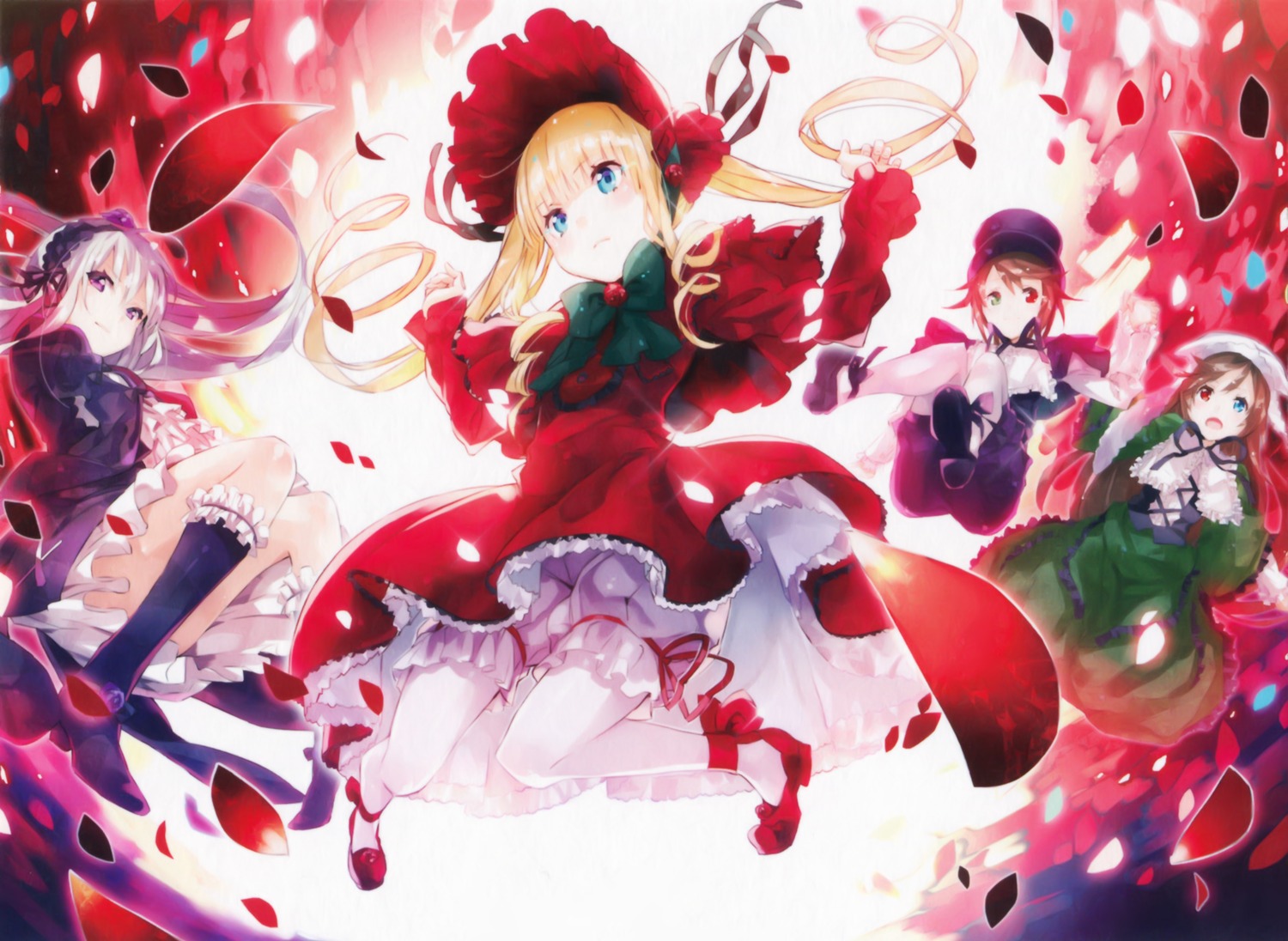 4girls auto_tagged blonde_hair blue_eyes bonnet bow brown_hair dress flower hat heterochromia image long_hair long_sleeves looking_at_viewer multiple multiple_girls petals purple_eyes red_dress red_eyes rose_petals shinku silver_hair smile suigintou tagme twintails wings