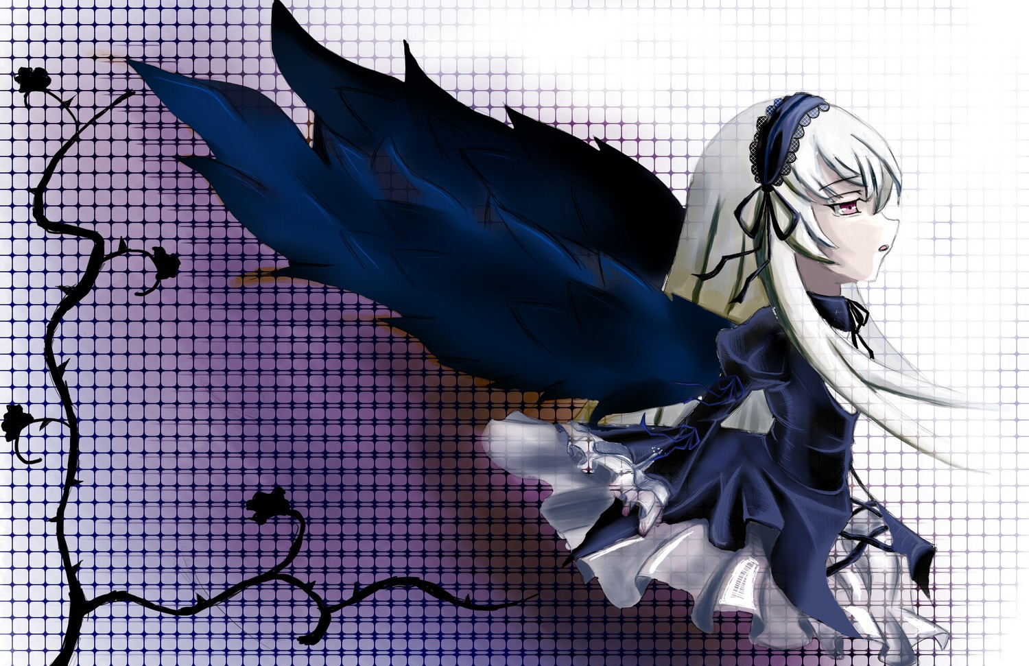1girl black_dress black_wings chain-link_fence dress fence flower frilled_sleeves frills hairband halftone halftone_background hexagon honeycomb_(pattern) honeycomb_background image long_hair long_sleeves outdoors red_eyes rooftop shouji silver_hair sliding_doors solo stained_glass suigintou tile_wall tiles wings