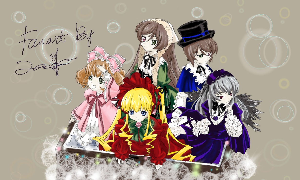 black_wings blonde_hair blue_dress blue_eyes bow bowtie brown_hair dress flower frills green_bow green_dress green_eyes green_neckwear hairband hat hina_ichigo image long_hair long_sleeves looking_at_viewer multiple multiple_girls pink_bow red_dress red_eyes shinku short_hair silver_hair souseiseki suigintou suiseiseki tagme twintails very_long_hair wings