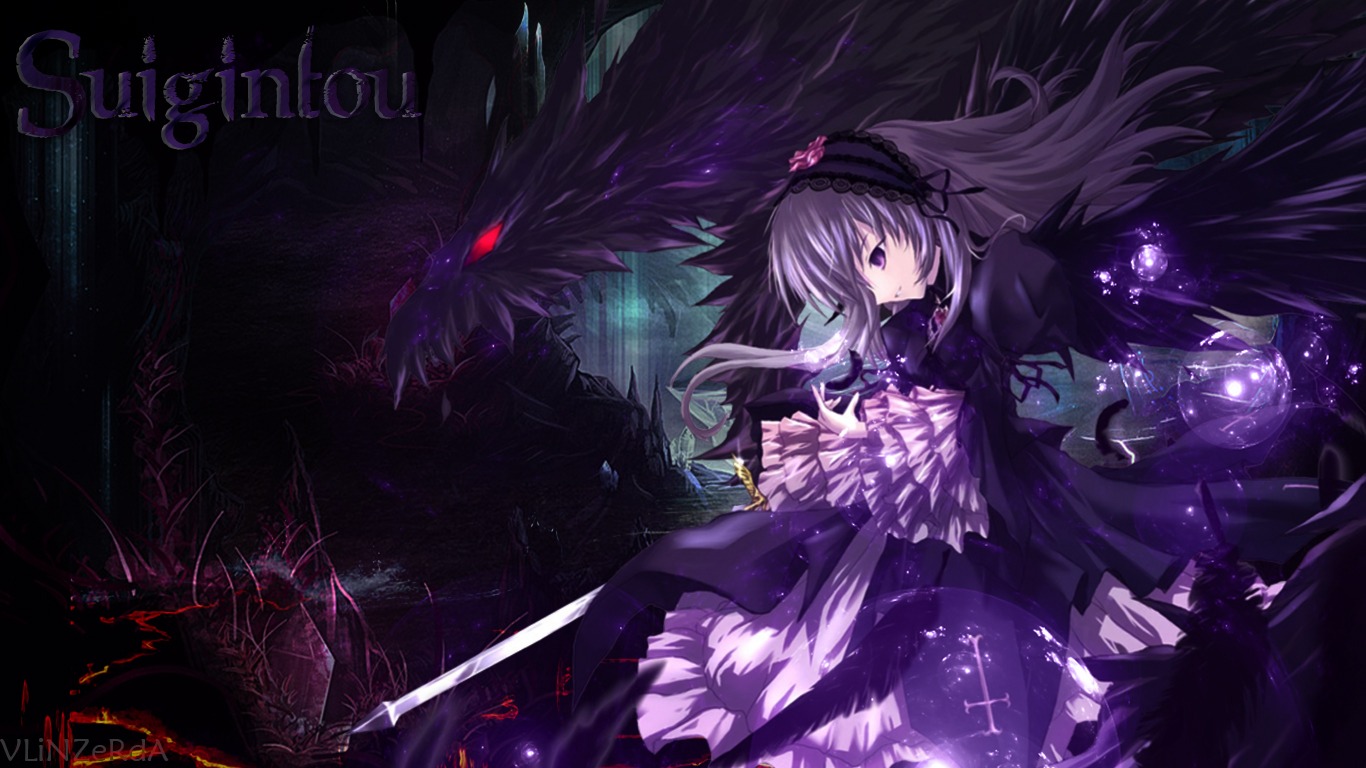 1girl black_wings dress flower frills hairband image long_hair monster purple_eyes ribbon solo suigintou weapon wings