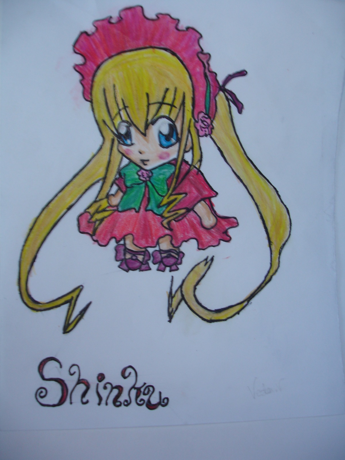 1girl blonde_hair blue_eyes bonnet bow bowtie dress full_body green_bow image long_hair long_sleeves looking_at_viewer photo red_dress shinku simple_background solo traditional_media twintails very_long_hair