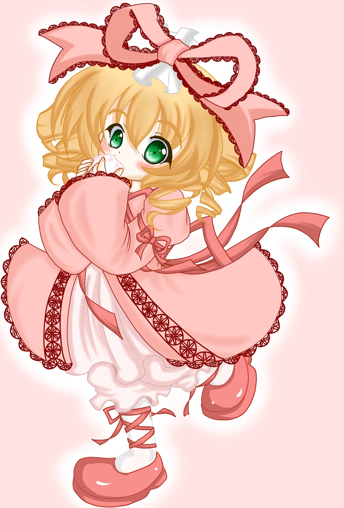 1girl blonde_hair blush bow dress drill_hair frills full_body green_eyes hina_ichigo hinaichigo image long_sleeves looking_at_viewer pink_background pink_bow pink_dress pink_footwear red_footwear ribbon shoes short_hair smile solo