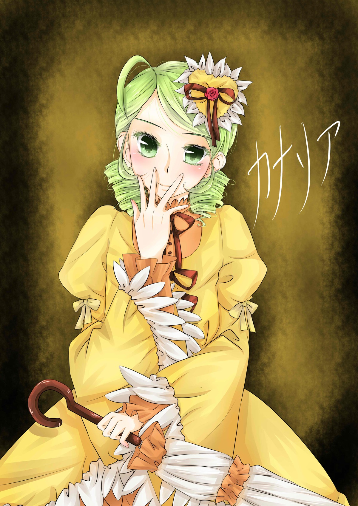 1girl blush closed_umbrella covering_mouth dress drill_hair frills green_eyes green_hair hair_ornament hand_to_own_mouth heart_hair_ornament image juliet_sleeves kanaria long_sleeves puffy_sleeves short_hair solo umbrella yellow_dress