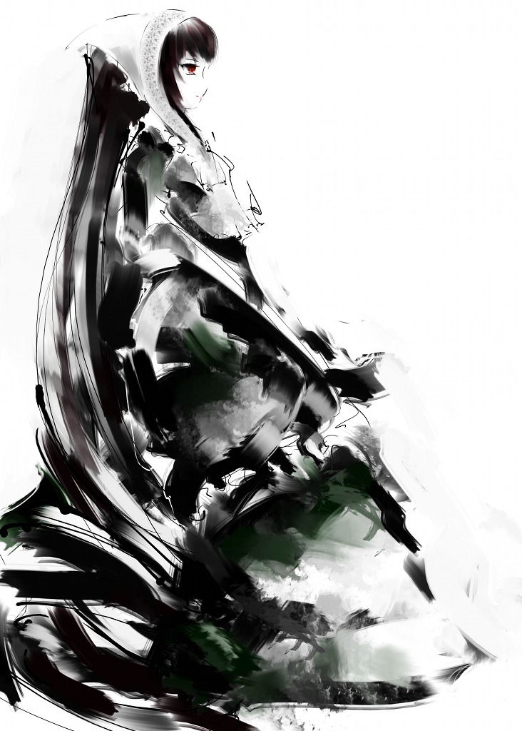1girl abstract brown_hair commentary_request dress hairband hanuu image long_hair looking_at_viewer monochrome red_eyes rozen_maiden solo spot_color suiseiseki torn_clothes very_long_hair