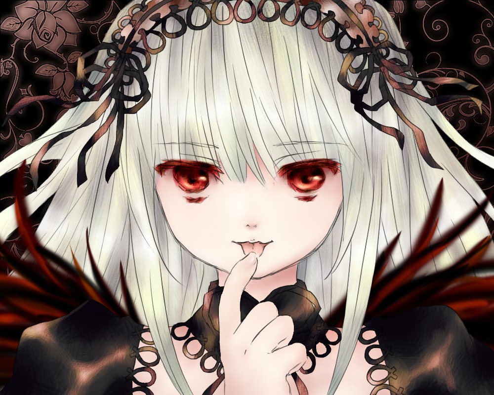 1girl :p bangs black_dress black_ribbon choker dress eyebrows_visible_through_hair flower hair_ribbon hairband image long_hair long_sleeves looking_at_viewer puffy_sleeves red_eyes ribbon silver_hair solo suigintou tongue tongue_out white_hair
