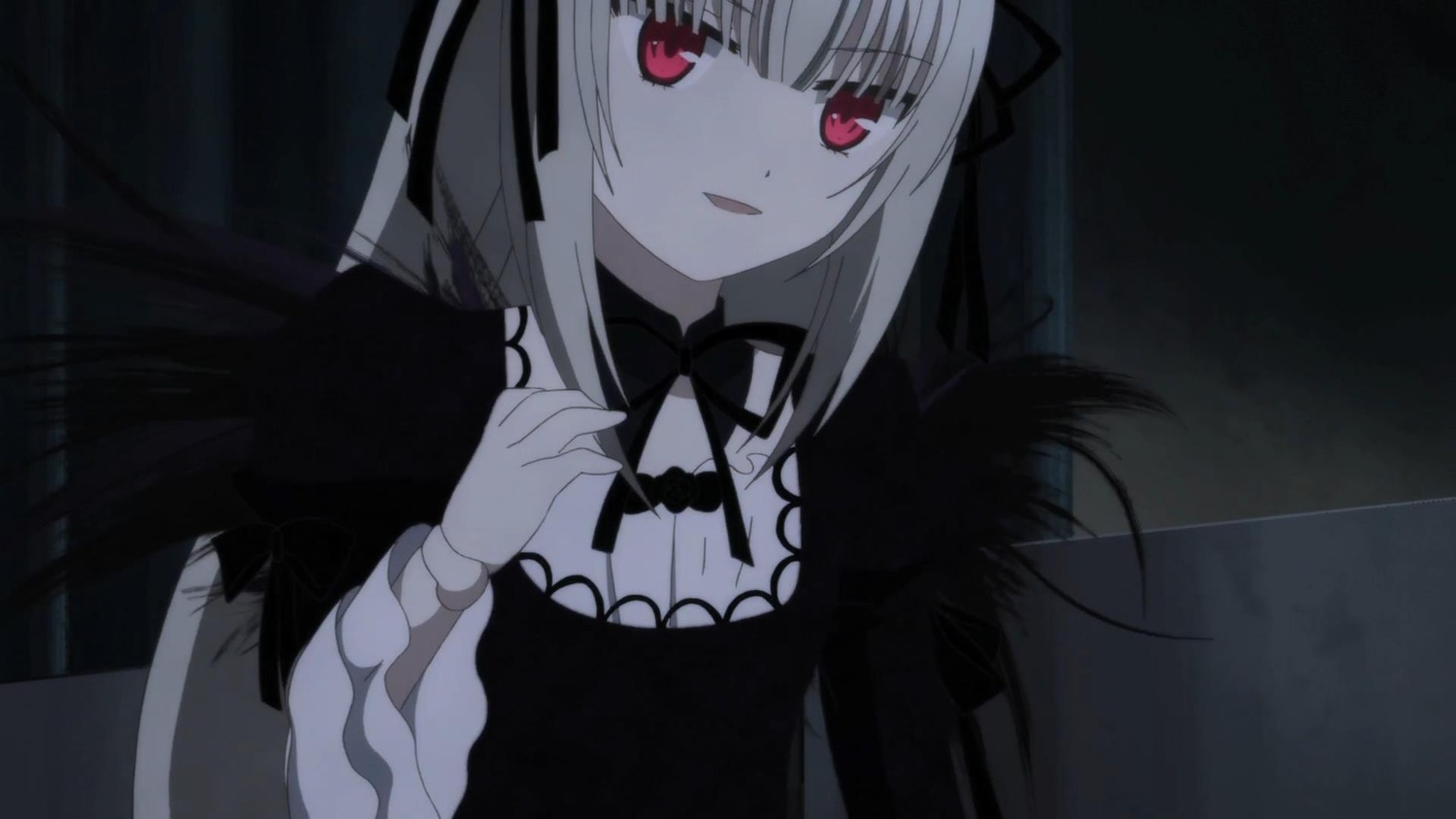 1girl bangs black_dress detached_collar dress eyebrows_visible_through_hair gothic_lolita hair_ribbon image lolita_fashion long_hair long_sleeves looking_at_viewer red_eyes ribbon smile solo suigintou upper_body