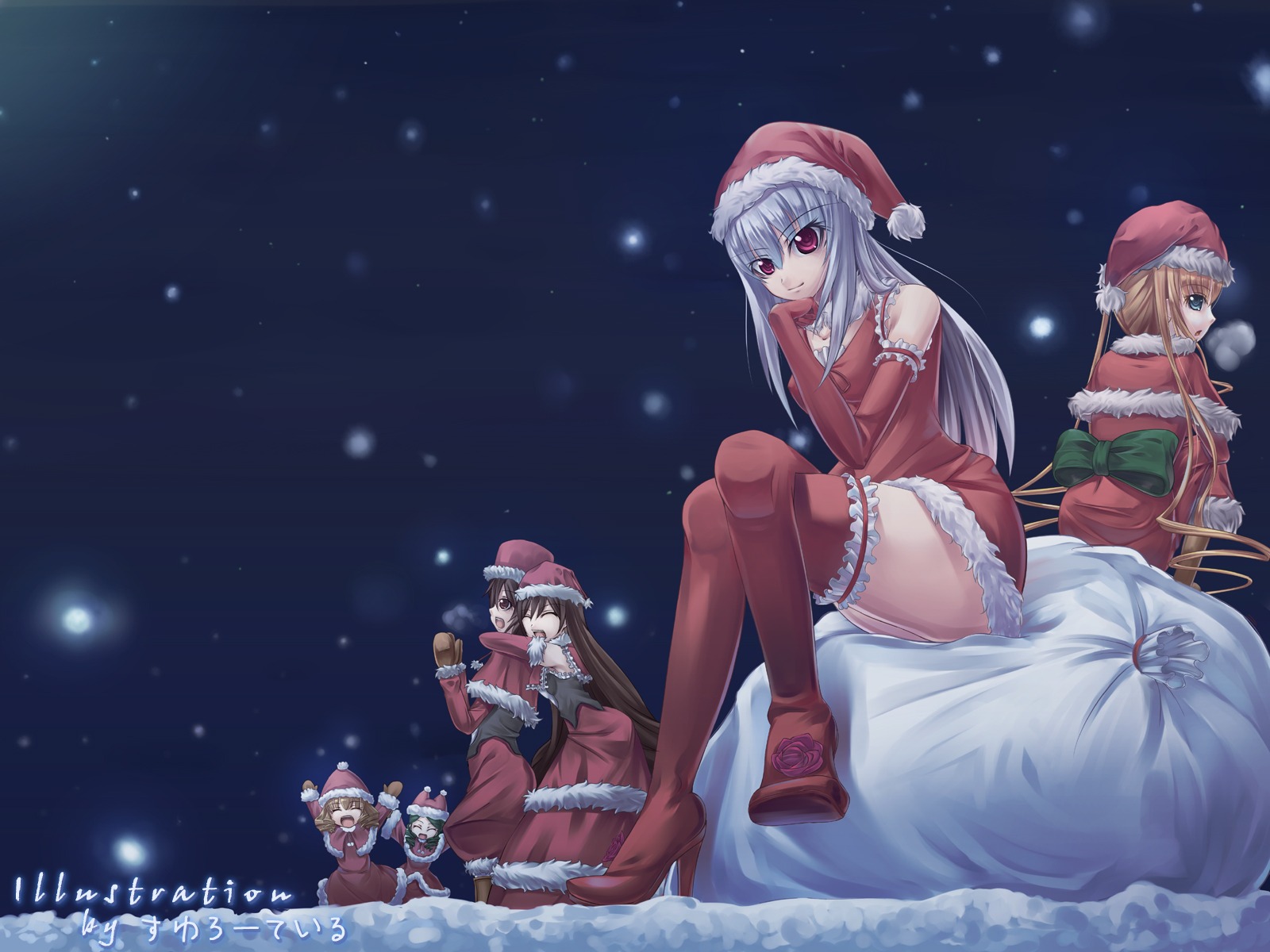 4girls 5girls asa_(swallowtail) blonde_hair christmas hat highres image kanaria long_hair multiple multiple_girls photoshop_(medium) red_eyes rozen_maiden sack santa_costume santa_hat shinku siblings sisters sitting snow souseiseki suigintou suiseiseki tagme thighhighs twins