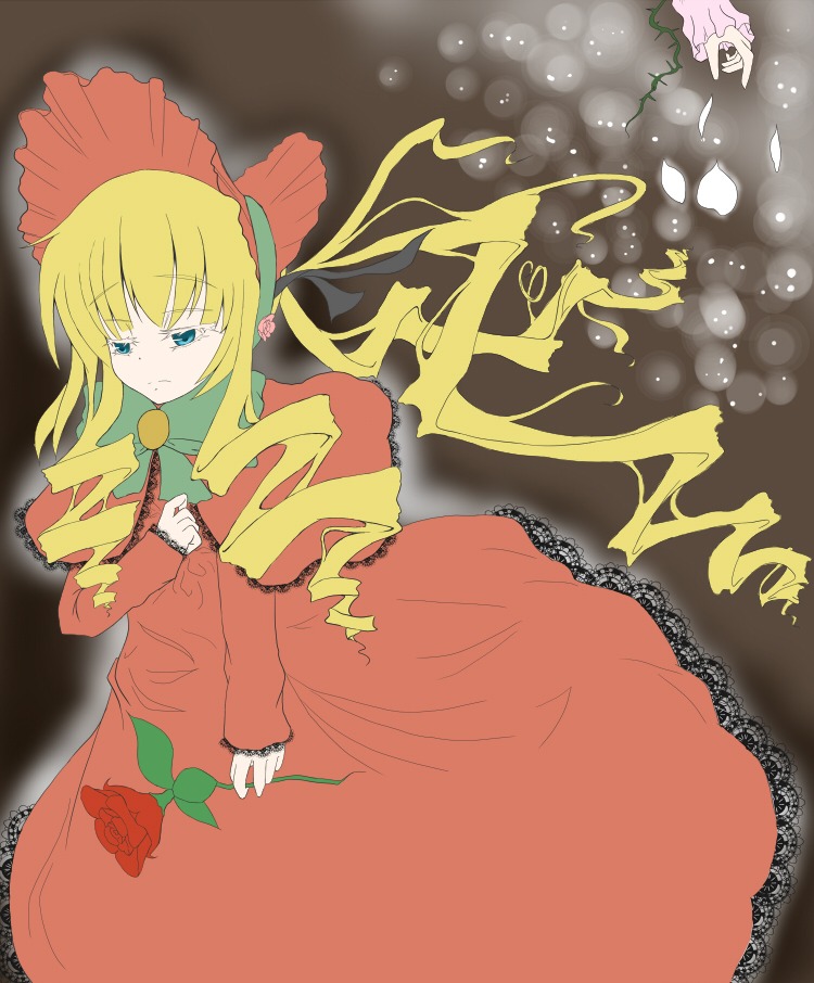 2girls blonde_hair blue_eyes bonnet bow dress flower frills image long_hair long_sleeves multiple_girls red_dress rose shinku solo twintails