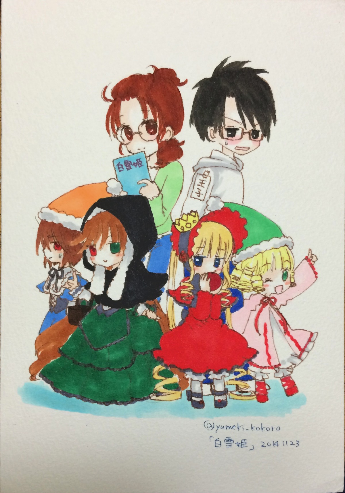 blonde_hair blue_eyes bonnet brown_hair dress drill_hair glasses green_dress green_eyes hat heterochromia hina_ichigo image kanaria long_sleeves looking_at_viewer multiple multiple_girls one_eye_closed open_mouth red_dress red_eyes shinku short_hair sisters smile souseiseki standing suiseiseki tagme twins
