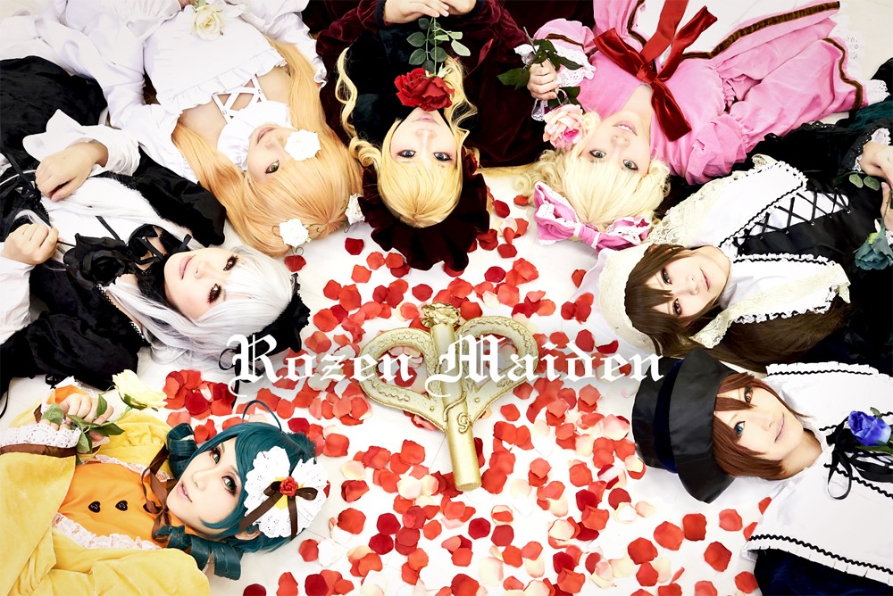 6+girls blonde_hair blue_eyes bow brown_hair dress everyone flower frills hair_ornament hat long_hair multiple_boys multiple_cosplay multiple_girls ribbon rose short_hair silver_hair tagme top_hat