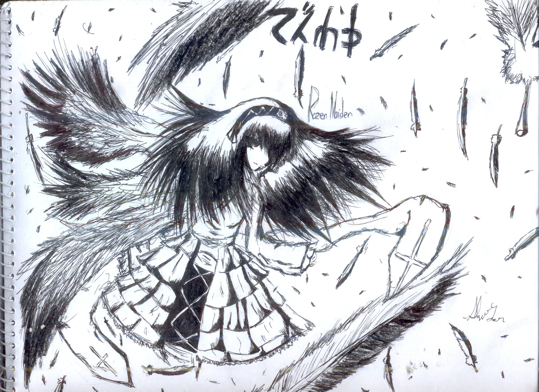 1girl akemi_homura dress feathers greyscale hair_over_eyes hairband image long_hair long_sleeves monochrome solo suigintou very_long_hair wings