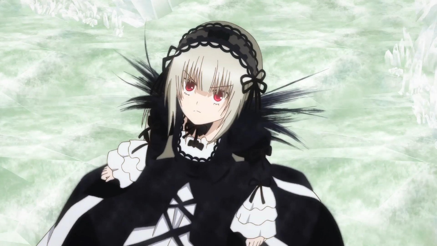 1girl bangs black_dress black_ribbon closed_mouth dress frills hairband image long_hair long_sleeves looking_at_viewer red_eyes ribbon silver_hair solo suigintou