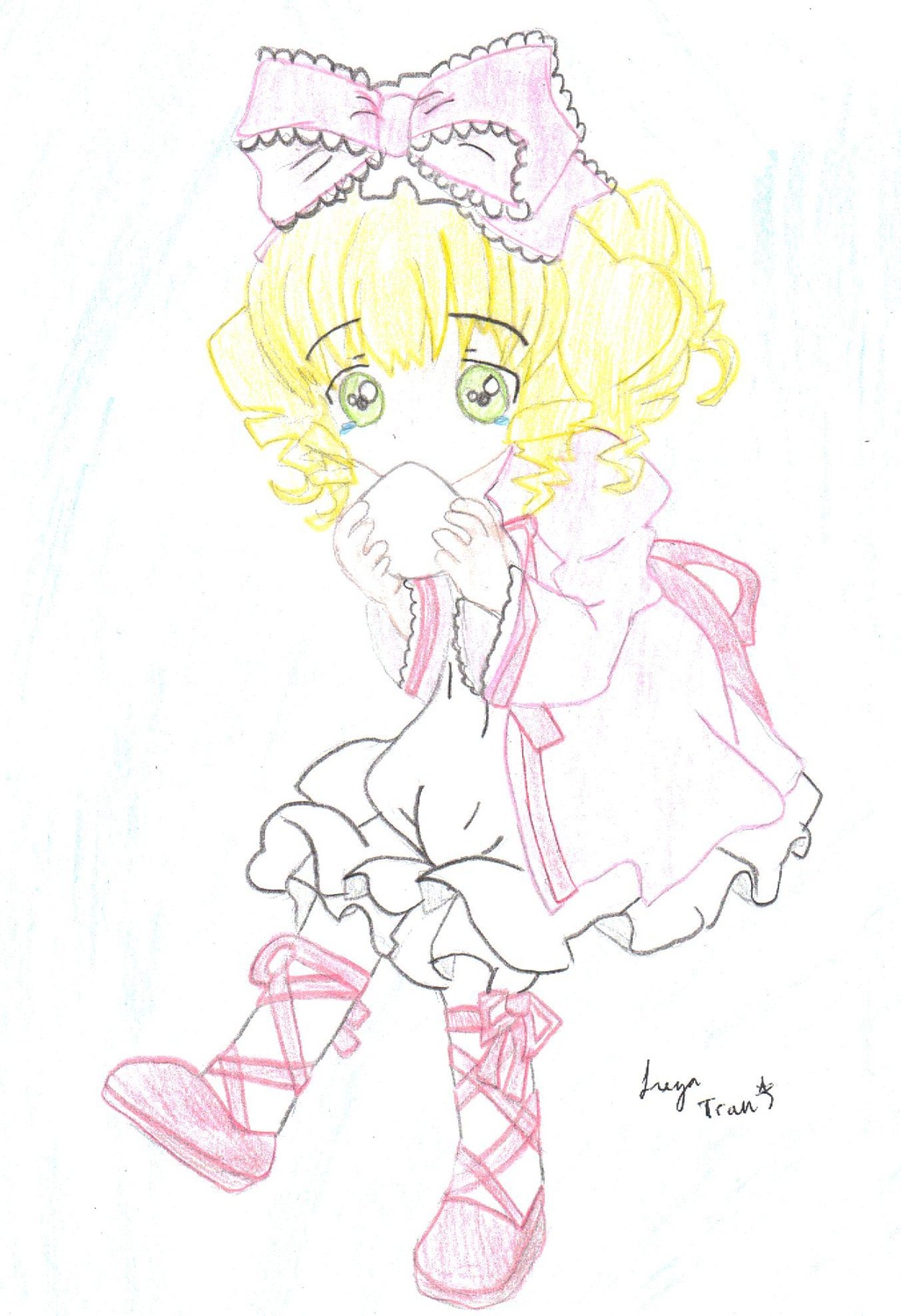 1girl blonde_hair bow dress eating food frills full_body hair_bow hina_ichigo hinaichigo image long_sleeves looking_at_viewer pink_bow ribbon short_hair skirt solo striped