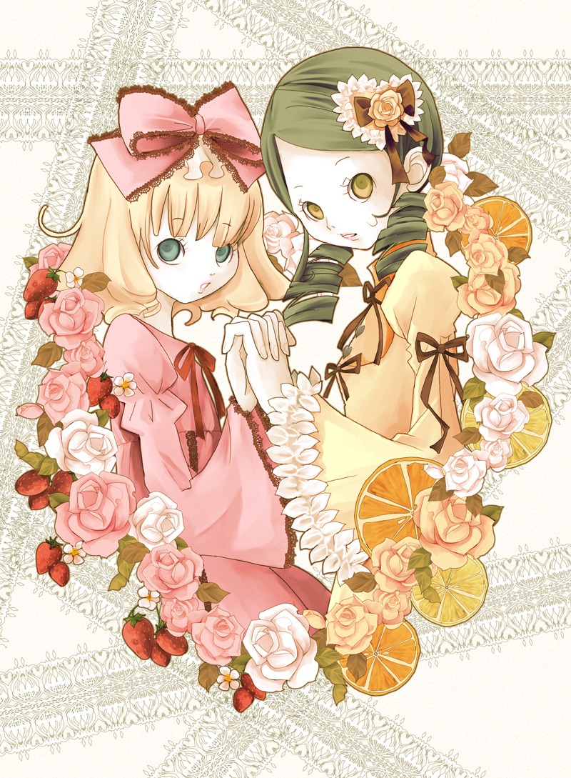 2girls blonde_hair bow dress flower frills green_eyes hair_ornament hat hina_ichigo hinaichigo holding_hands image interlocked_fingers kanaria looking_at_viewer multiple_girls pair pink_flower pink_rose red_flower red_rose ribbon rose short_hair white_flower white_rose yellow_flower yellow_rose