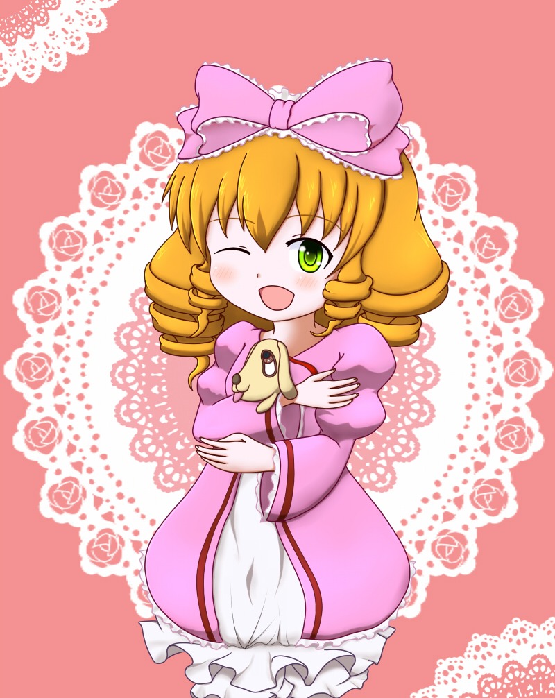 1girl ;d blonde_hair blush bow dress drill_hair frills green_eyes hina_ichigo hinaichigo image one_eye_closed open_mouth pink_bow pink_dress rose short_hair smile solo stuffed_animal