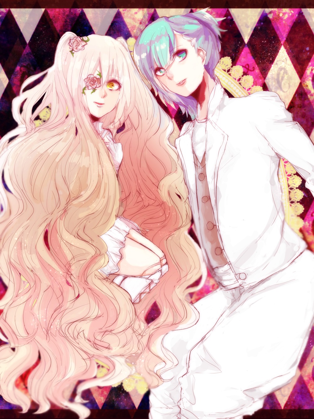 argyle argyle_background argyle_legwear blonde_hair board_game checkered checkered_background checkered_floor checkered_skirt chess_piece curly_hair eyepatch flower hair_flower hatsune_miku image kirakishou long_hair multiple_girls perspective pink_hair pink_rose rose short_hair solo tile_floor tiles very_long_hair yellow_eyes