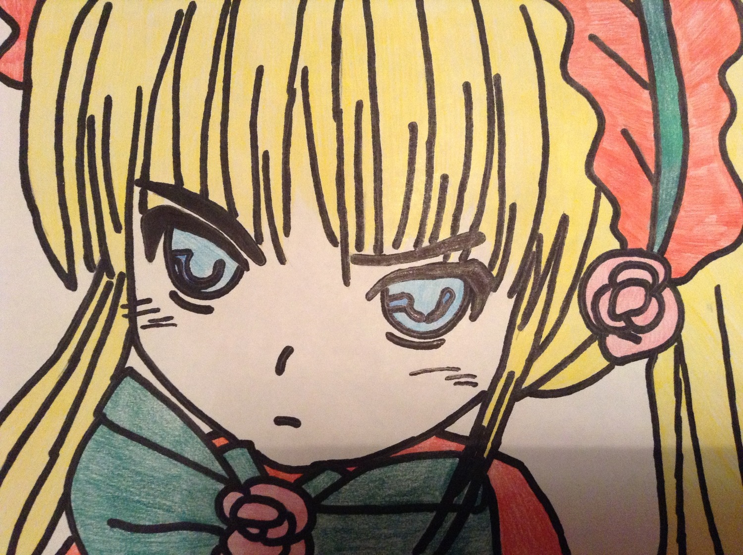 1girl auto_tagged bangs blonde_hair blue_eyes eyebrows_visible_through_hair face flower hat image long_hair ribbon rose shinku simple_background solo