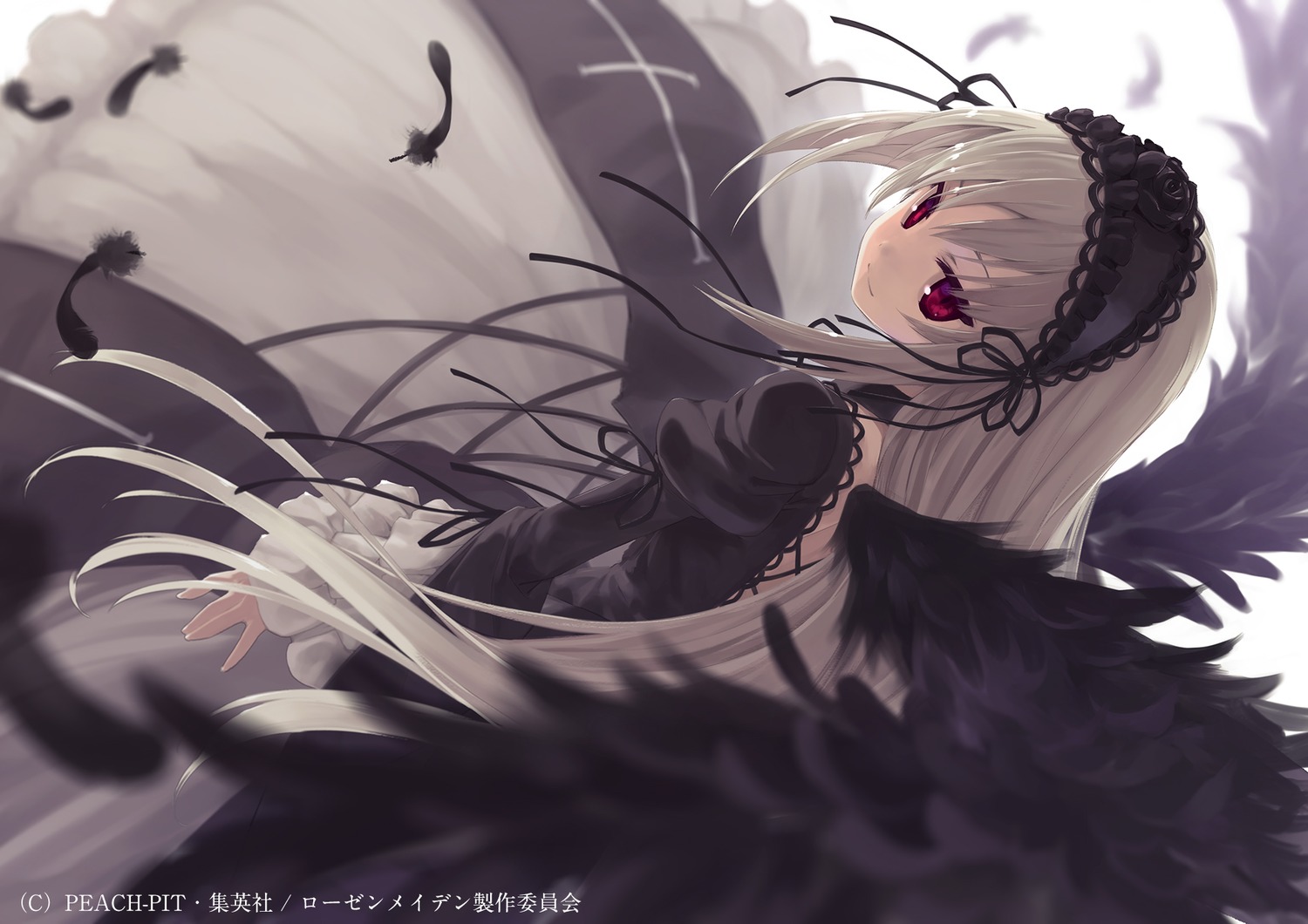 1girl bangs black_dress black_feathers black_ribbon black_wings blurry closed_mouth commentary_request depth_of_field dress feathered_wings feathers flower frills gothic_lolita hairband highres image juliet_sleeves lolita_fashion lolita_hairband long_hair long_sleeves looking_at_viewer photoshop_(medium) puffy_sleeves red_eyes ribbon rozen_maiden silver_hair smile solo suigintou sumaki_shungo very_long_hair wind wings