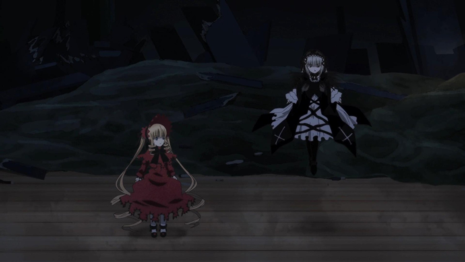 2girls blonde_hair bow dark dress image long_hair multiple_girls pair red_dress shinku standing suigintou