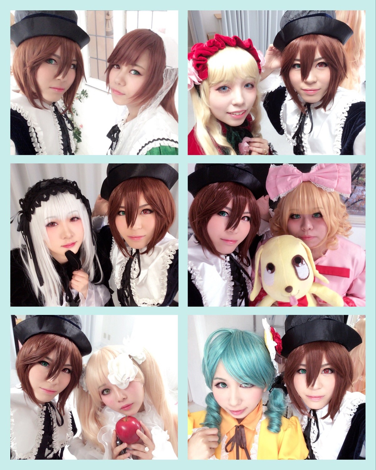 3d 6+girls beret black_neckwear blonde_hair blue_eyes bonnet brown_eyes brown_hair eyelashes eyepatch flower fruit green_eyes hair_between_eyes hair_ornament hat lips lipstick long_hair looking_at_viewer makeup multiple_cosplay multiple_girls realistic red_lipstick ribbon rose short_hair siblings sisters smile souseiseki suigintou suiseiseki tagme twins twintails