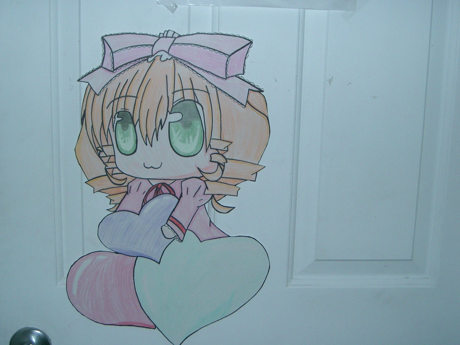 1girl :3 bangs blonde_hair bow closed_mouth dress drill_hair eyebrows_visible_through_hair green_eyes hair_bow hinaichigo image long_sleeves looking_at_viewer photo pink_bow rain short_hair smile solo traditional_media