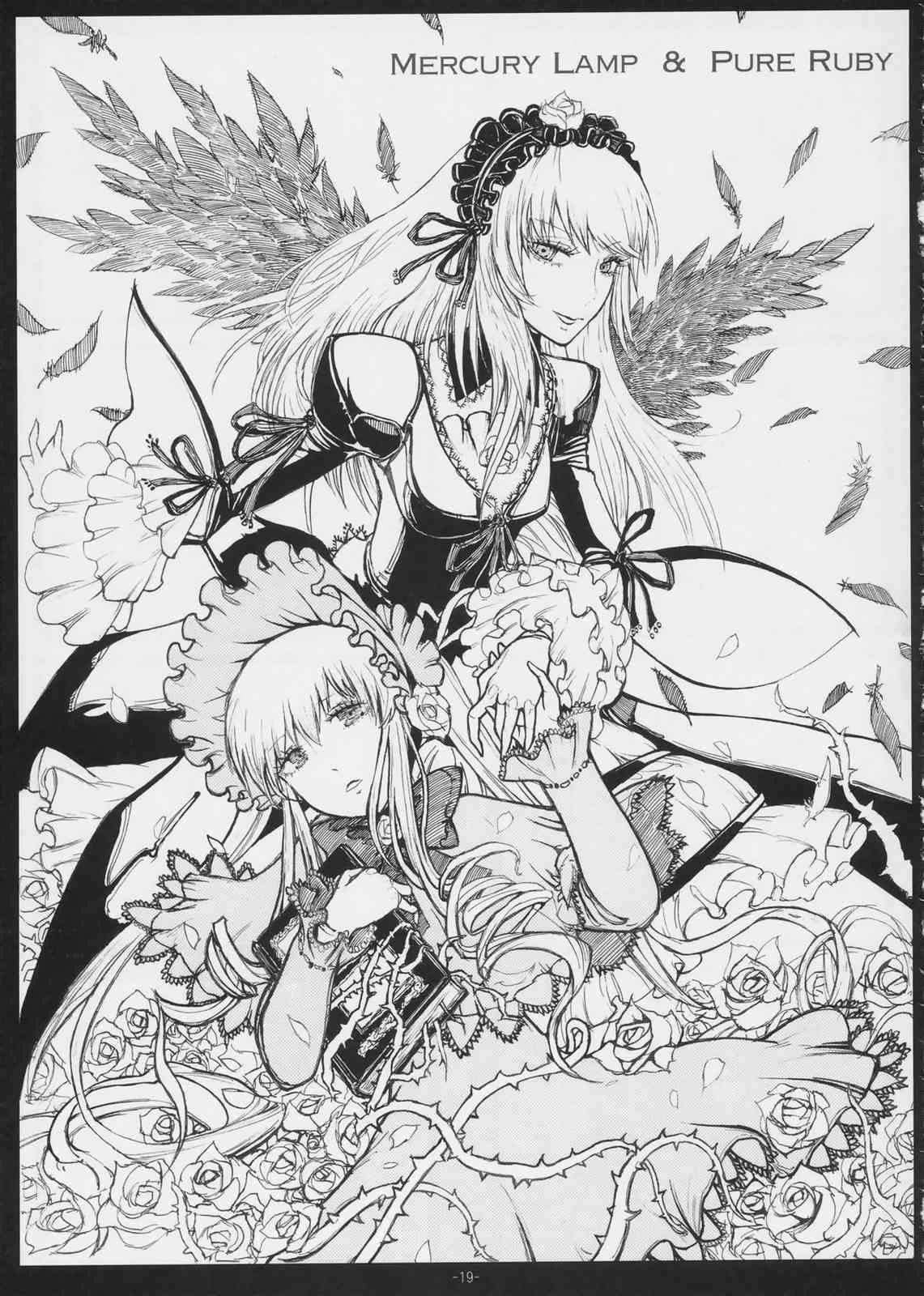 2girls dress feathers flower frills greyscale hairband holding_hands image long_hair long_sleeves looking_at_viewer monochrome multiple_girls pair ribbon rose shinku suigintou traditional_media wings